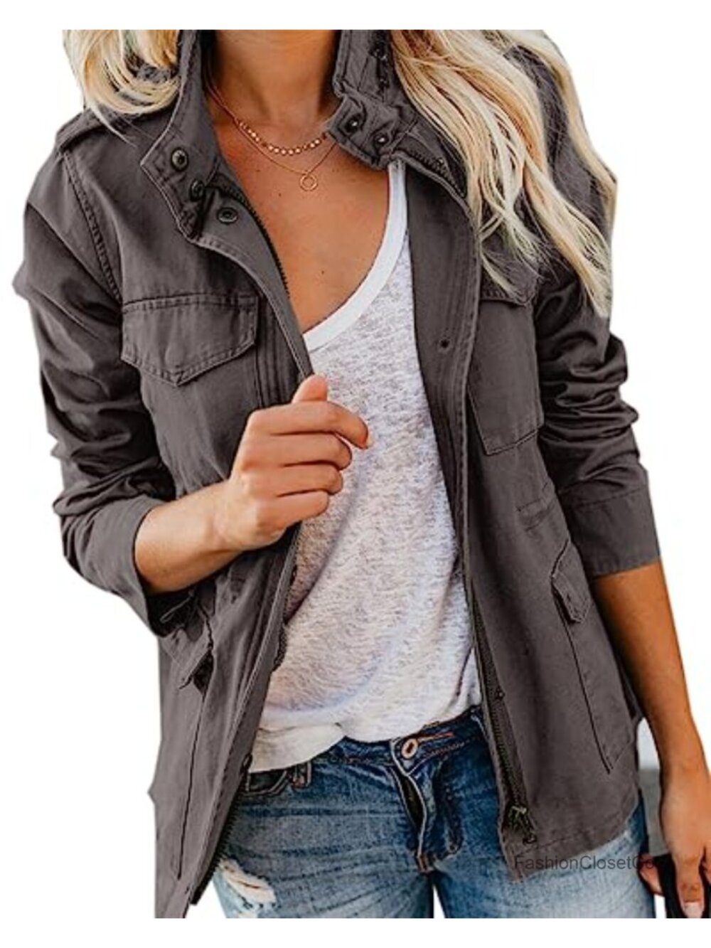 Women's Military Style Cotton Twill Anorak Jacket with Snap Buttons, Utility
